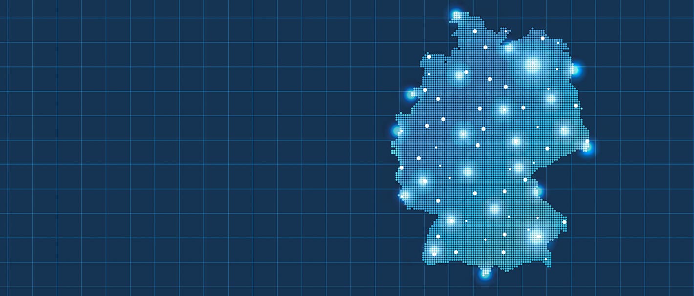 The picture shows a blue digital map of Germany with blinking city-dots.